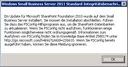 SBS2011 - SharePoint Anpassung nach Update KB2580174 notwendig
